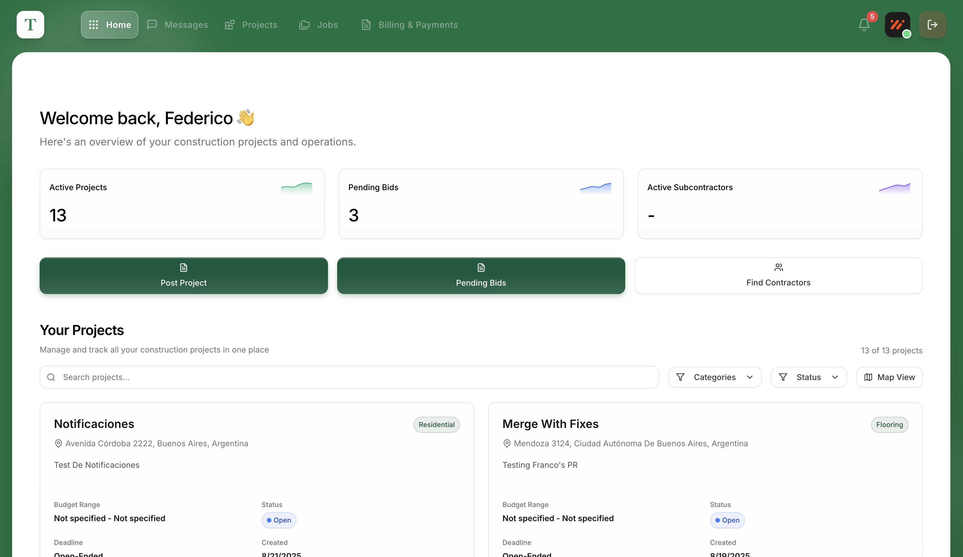 General Contractor dashboard preview - Project management interface
